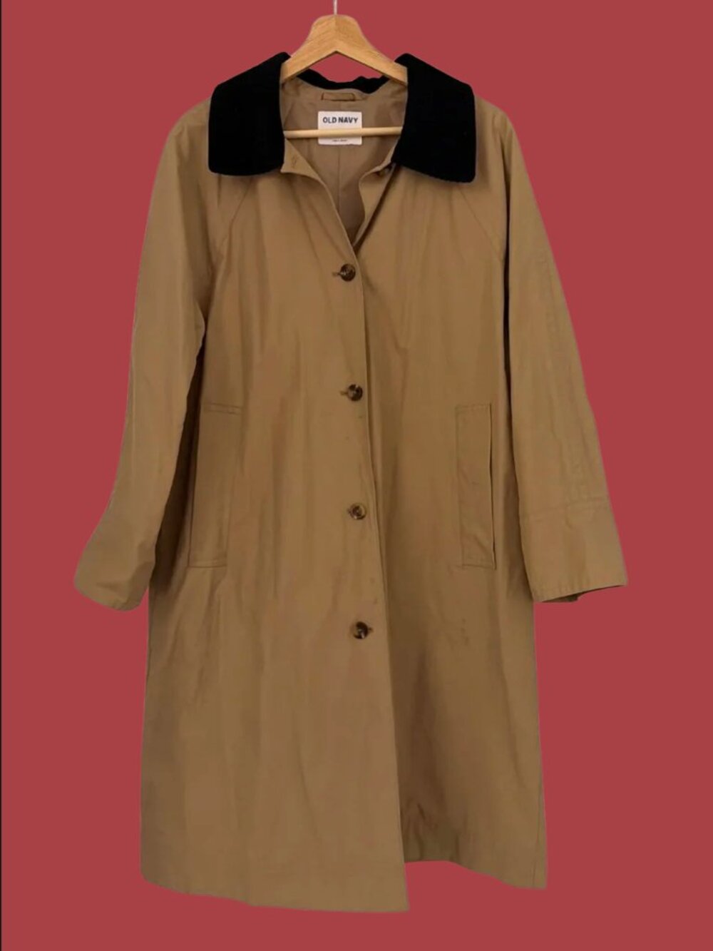 Old Navy Tan Trench Coat with Black Cord Collar
